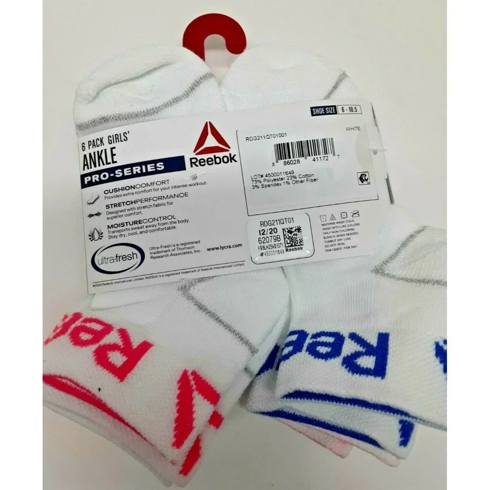 Reebok Girls Pro-Series Ankle Socks‎ 6-Pack Size Small Fits Shoe Size 6 - 10.5